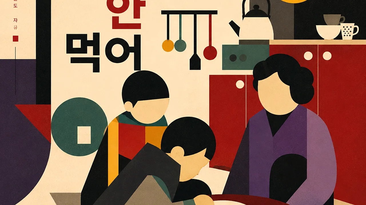 가족이 식탁에 둘러앉은 기하학적 일러스트 커버